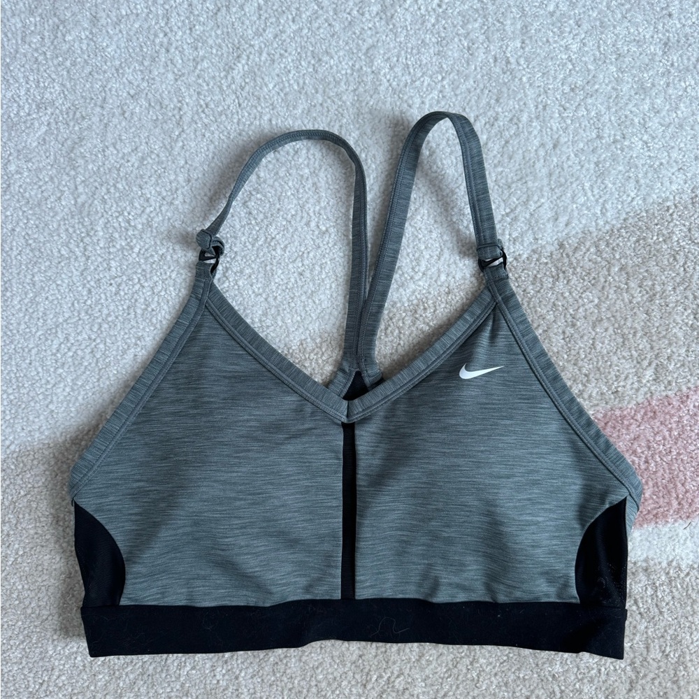 Nike Gray and Black Sports Bra with Adjustable Straps and Supportive Band